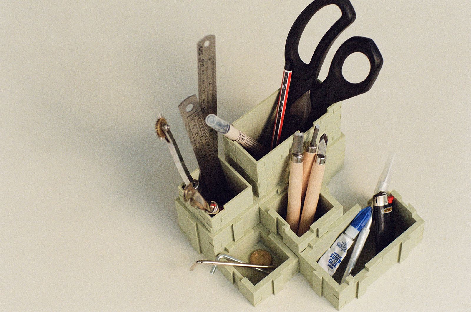 Organiser on a desk with tools