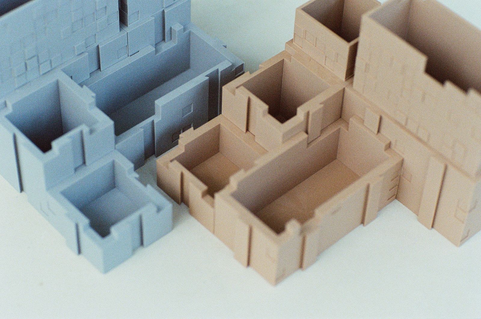 Blue and sand organiser modules, close