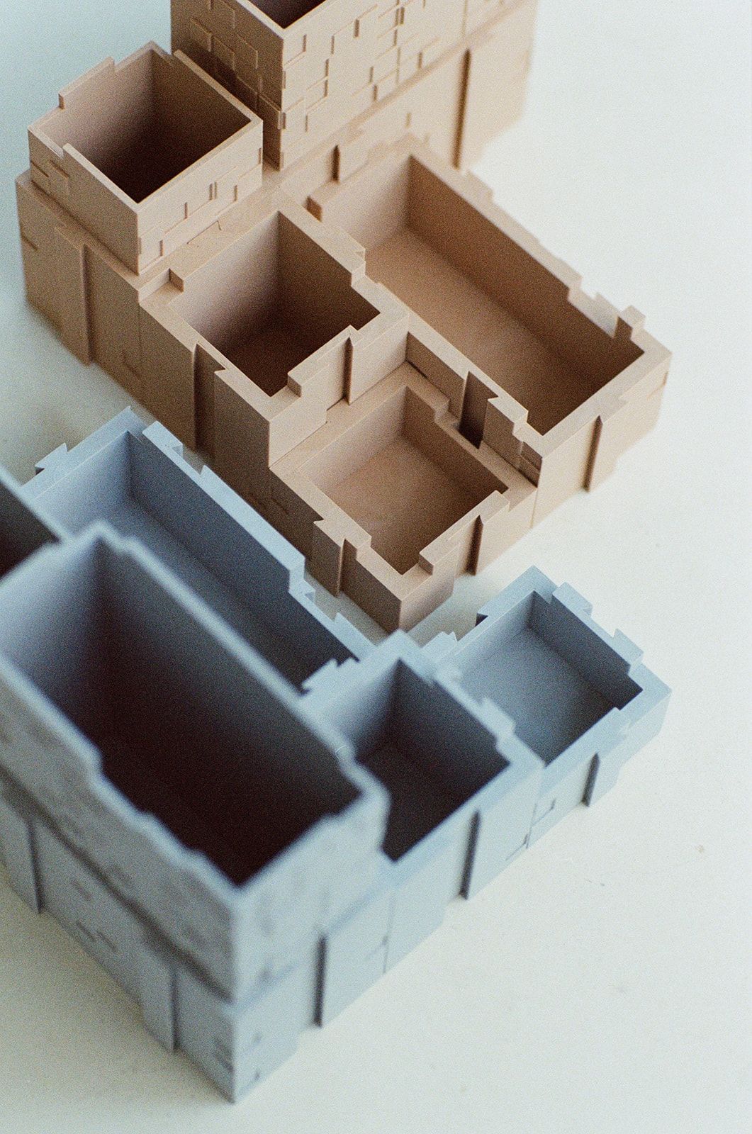 Blue and tan modules, close