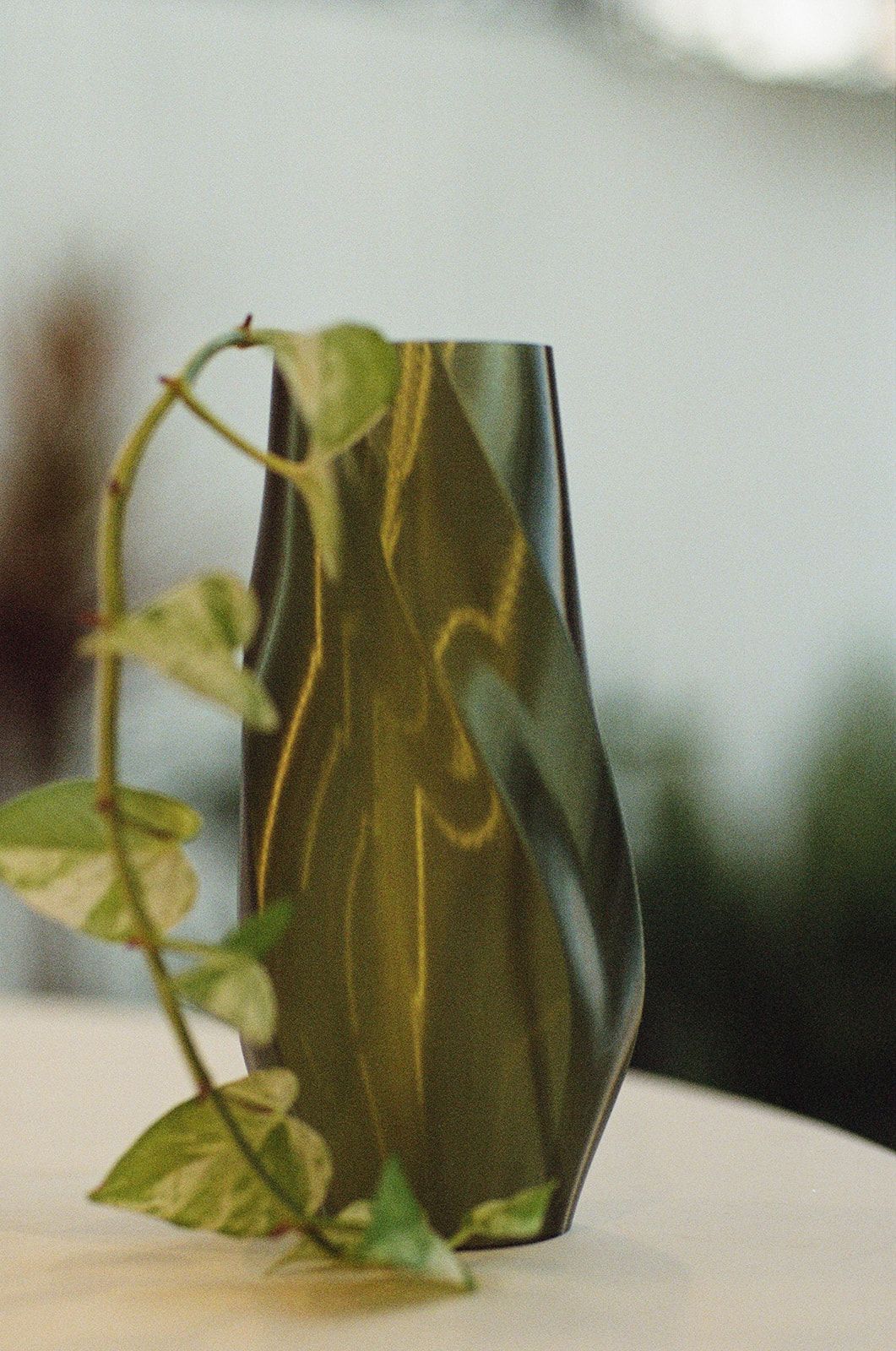 Green vase with vine