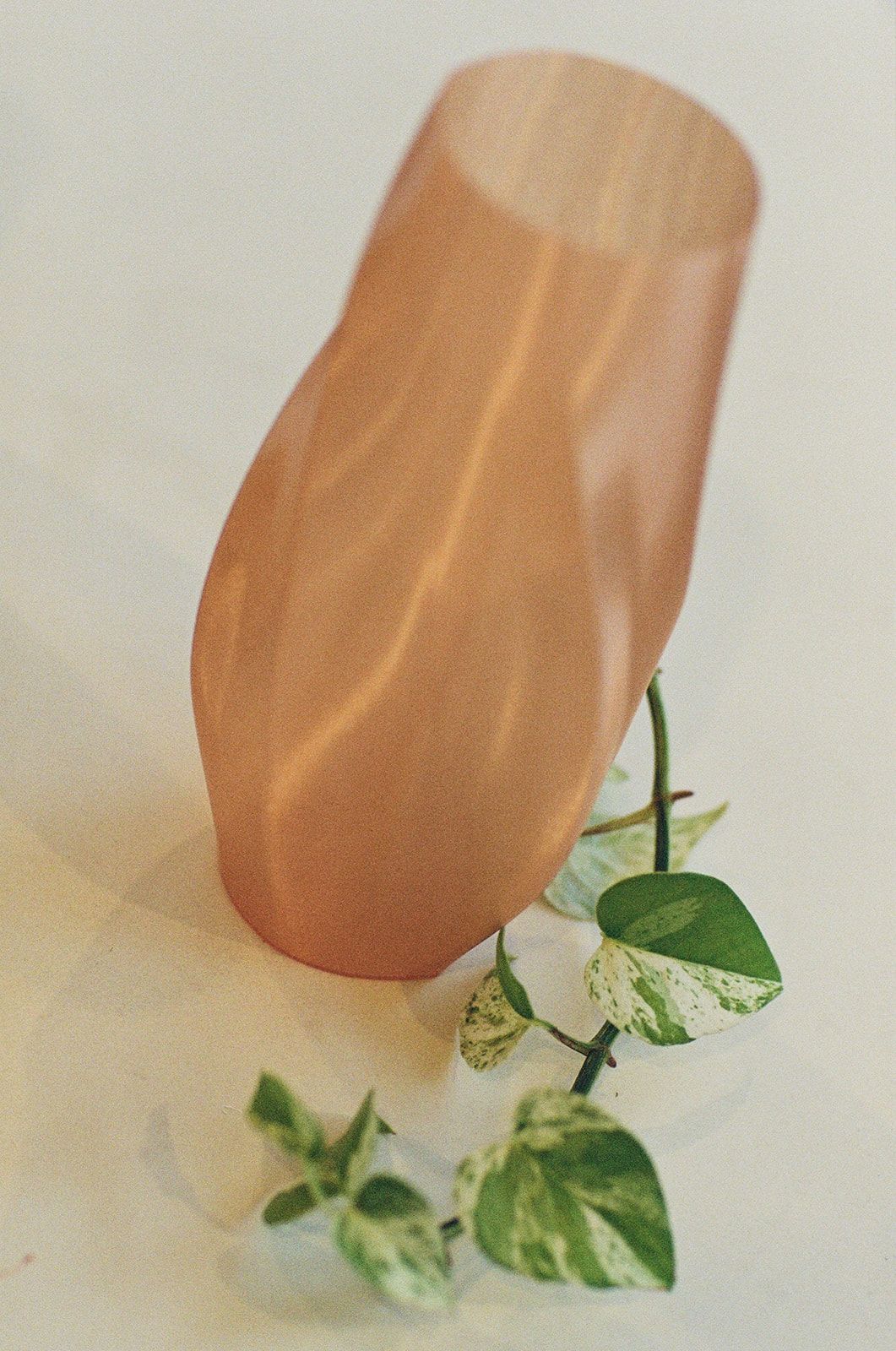 Peach vase with vine, low angle